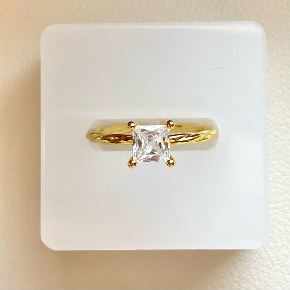 Classic Gold Solitaire Ring with Square Clear Stone
